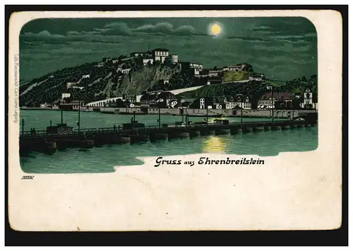 AK Gruss aus Ehrenbreitstein: Panorama bei Nacht vom Rhein aus, beschriftet