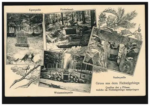 AK Gruss aus dem Fichtelgebirge: Quellen der 4 Flüsse, per Bahnpost 28.4.1913