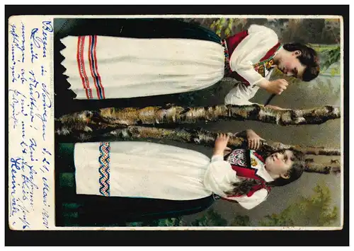 Künstler-AK Christiania: Zwei Mädchen in Tracht, BERGEN 22.5.1900 n. GEESTEMÜNDE