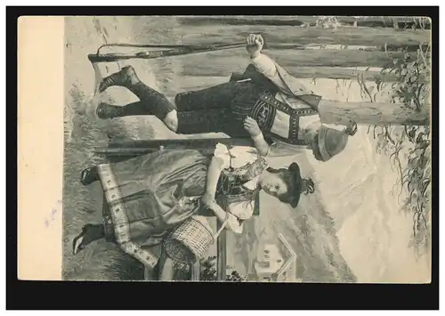 AK artiste couple d'amour dans pantalon en cuir de costumes montagne fusil, inutilisé