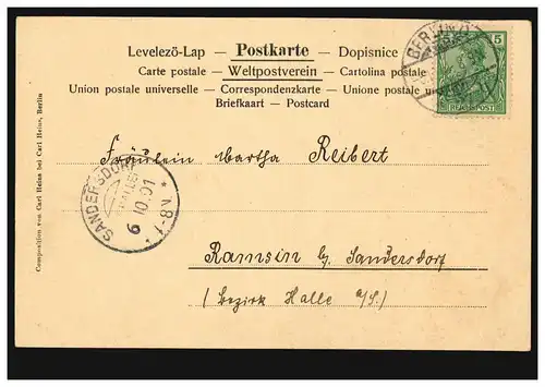 Künstler-AK  Liebespaar im Boot BERLIN 5.10.1901 n. SANDERSDORF 6.10.01