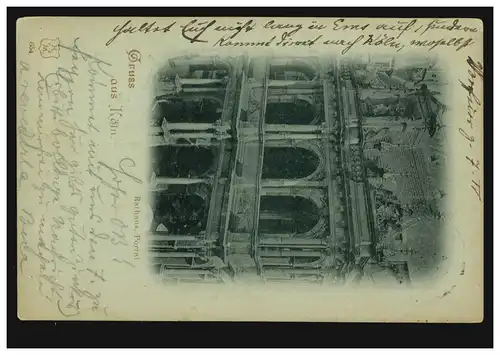 AK Gruss de Cologne: Hôtel de ville Portal, CÖLN (RHEIN) 3.4.1898 vers BERN 4.4.98