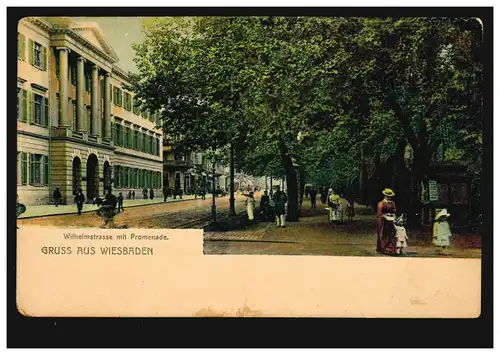 AK Gruss aus Wiesbaden: Wilhelmstraße mit Promenade, um 1900, ungebraucht