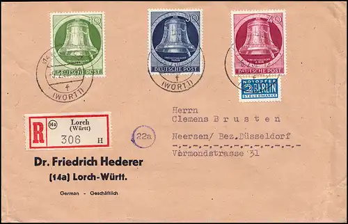 83+85+86 Glocke Klöppel nach rechts + Notopfer MiF R-Brief LORCH 45.2.1952