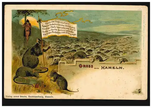 Litho-AK Gruss aus Hameln: Der Rattenfänger mit Ratten, um 1900, ungebraucht