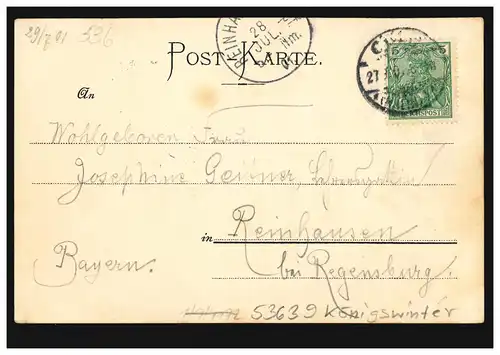 AK Gruss du Rhin: Dragon-Feldge et Septièmes Monts, CÖLN 29.7.1901