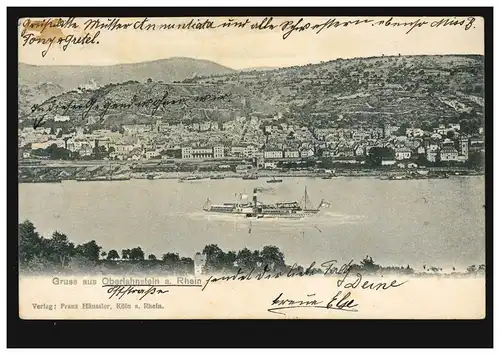 AK Gruss aus Oberlahnstein am Rhein: Panorama mit Rhein und Schiff, 22.9.1908