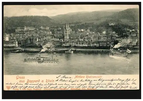 AK Gruss aus Boppard/Rhein: Mittlere Rheinansicht, 5.7.1901 nach M.GLADBACH 6.7.
