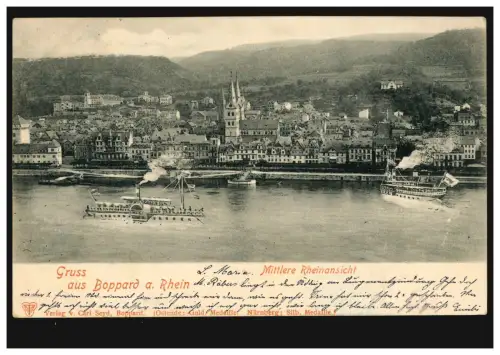 AK Gruss aus Boppard/Rhein: Mittlere Rheinansicht, 5.7.1901 nach M.GLADBACH 6.7.