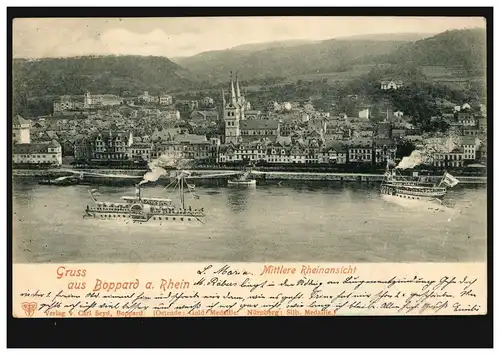 AK Gruss de Boppard/Rhein: Vue centrale du Rhin, 5.7.1901 selon M.GLADBACH 6.7.