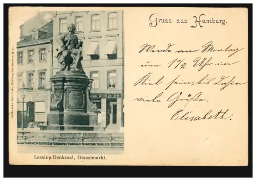 AK Gruss aus Hamburg: Lessing-Denkmal am Gänsemarkt, 17.8.1898 nach KIEL 17.8.98