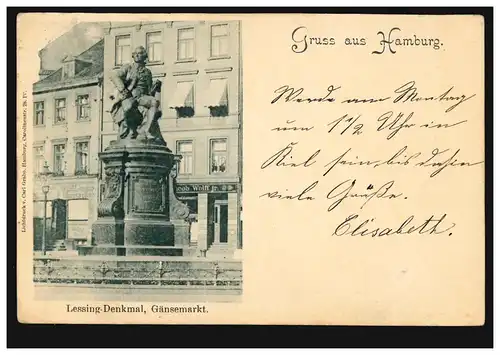 AK Gruss de Hambourg: Lessing-Mémoire au marché des oies, 17.8.1898 d'après KIEL 17/08/98