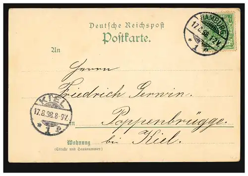 AK Gruss aus Hamburg: Lessing-Denkmal am Gänsemarkt, 17.8.1898 nach KIEL 17.8.98