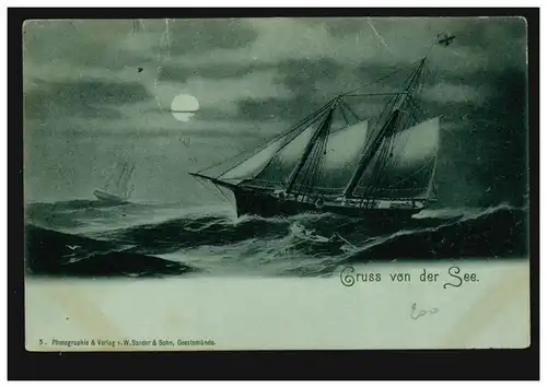 AK Gruss von der See: Segelschiffe bei Nacht, DEUTSCHE SEEPOST 6.4.1898