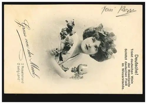 AK Gruse de la Moselle: Femme avec verre de vin - Buvez du vin allemand! LÖSNICH 1928