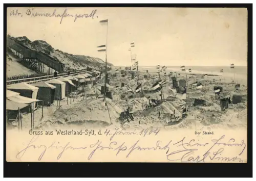 AK Gruss aus Westerland-Sylt: Der Strand, WESTERLAND 5.6.04 nach KARLSBAD 7.6.04