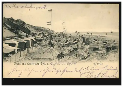 AK Gruss de Westerland-Sylt: La plage, WESTERLAND 5.6.04 selon KARLSBAD 7.6.04