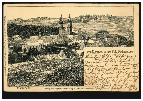 AK Gruss aus St. Peter - Radierung von Hermann Daur: Panorama, gelaufen 1898