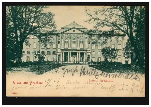 AK Gruss aus Bruchsal: Das Schloss, Gartenseite, 1902 nach FISCHERN 