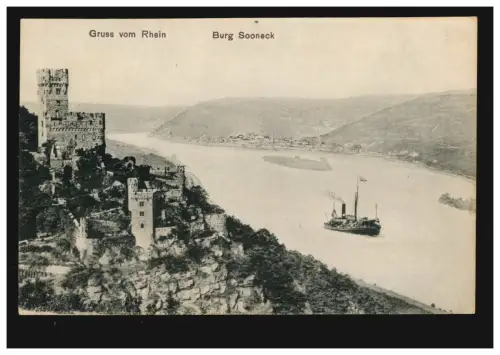 AK Gruss vom Rhein: Burg Sooneck mit Blick auf den Rhein, ungebraucht