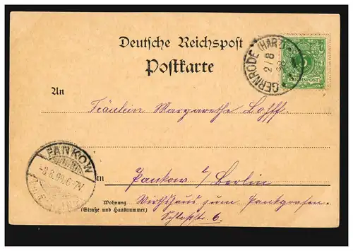 AK Gruss aus Suderode: Kalte Thal, GERNRODE (HARZ) 2.8.1898 nach PANKOW 3.8.98