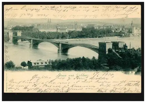 AK Gruss aus Coblenz: Panorama mit Rheinbrücke, 5.6.1900 nach ELBERFELD 6.6.00