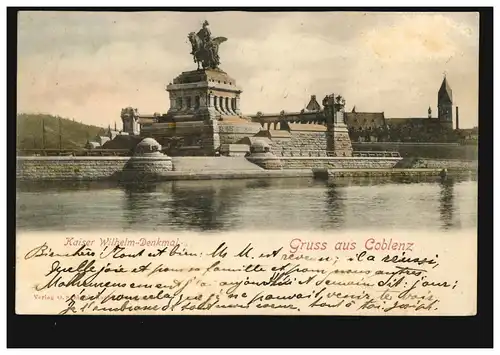 AK Gruss aus Coblenz: Kaiser-Wilhelm-Denkmal, OBERLAHNSTEIN 2.2.1901