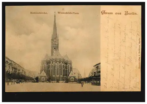 AK Gruss aus Berlin: Mathiaskirche Winterfeldt-Platz, 28.6.99 nach VELLAHN 29.6.