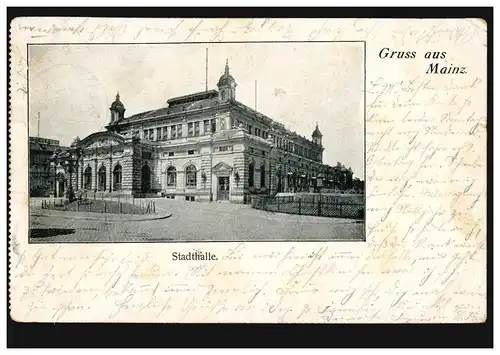 AK Gruss aus Mainz: Stadthalle, 21.2.1902 nach OFFENBACH (MAIN) 22.2.02