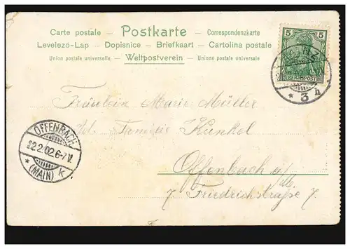 AK Gruss aus Mainz: Stadthalle, 21.2.1902 nach OFFENBACH (MAIN) 22.2.02