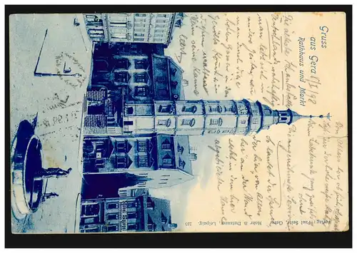 AK Gruss de Gera: Hôtel de ville et marché, GREIZ 8.1.1899 vers LAHN (BADE) 10.1.99