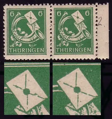 95 Paar mit zwei PLF: Briefklappenbruch (links) und Punkt im Brief (rechts), **
