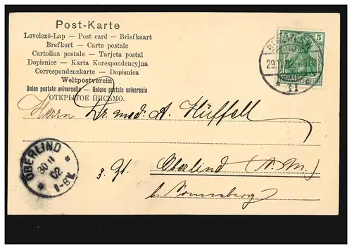 AK Gruss aus Berlin: Rolandbrunnen in der Siegesallee, 29.11.1902 nach OBERLIND