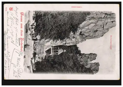 AK Gruss aus dem Bodetal: Kronentempel, MÄGDESPRUNG 21.7.1902 nach BERLIN 22.7.