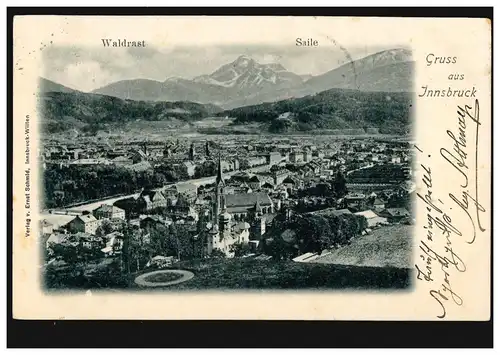 Österreich Gruss aus Innsbruck: Panorama mit Waldrast und Saile, 24.5.1902