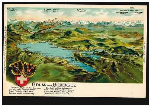 Litho-Gruss vom Bodensee: Panorama Alpen und 3 Wappen, um 1900, ungebraucht