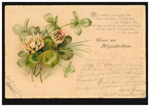 AK Gruss aus Altgandersheim: Blumen mit Gedicht, 3.8.1900 nach MORINGEN 3.8.00