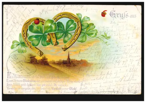 Gruss-AK Blumen Glücksklee Hufeisen, gelaufen nach REMKERSLEBEN 16.11.1902