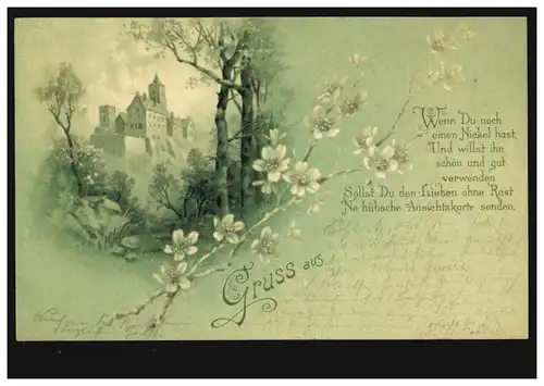AK Gruss aus .... Landschaftsbild mit Burg, KÖSTRITZ 30.10.1899 nach FREIENWALDE