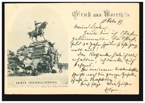 AK Gruss aus Woerth an der Sauer: Kaiser-Friedrich-Denkmal, 19.2.99 nach BERLIN