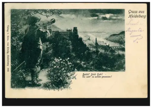 AK Gruss aus Heidelberg: Panorama / Nachtwache mit Trompete, 4.9.03 nach BERLIN