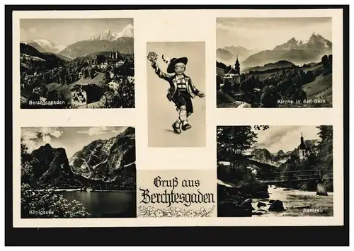 AK Gruss aus Berchtesgaden mit 4 Bilder und Trachtenjunge, gelaufen um 1935