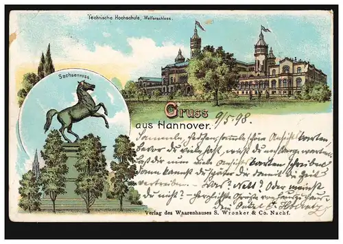 Litho-AK Gruss aus Hannover: Technische Hochschule und Sachsenross 10.5.1898