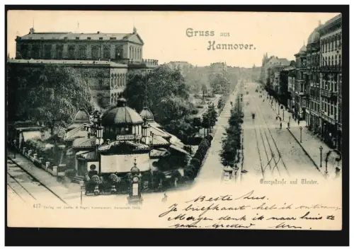 AK Gruss aus Hannover: Georgsstraße und Theater mit Cafe Kröpcke, 14.12.1900