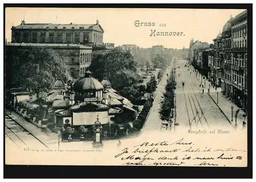 AK Gruss de Hanovre: Georgsstraße et théâtre avec café Croquette, 14.12.1900