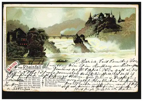 Litho-AK Gruss de la chute du Rhin avec poème Une chute de vin, CONSTANZ 12.8.1907
