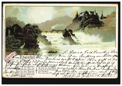 Litho-AK Gruss vom Rheinfall mit Gedicht Ein Weinfall, KONSTANZ 12.8.1907