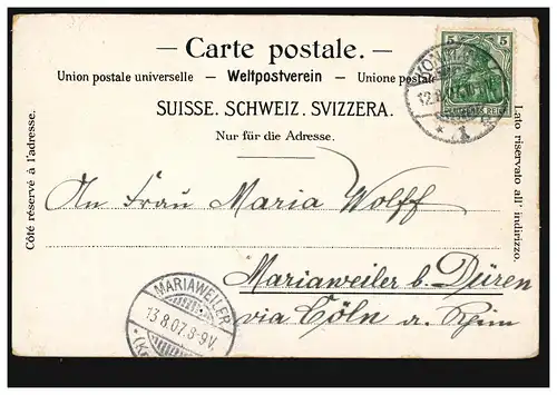 Litho-AK Gruss vom Rheinfall mit Gedicht Ein Weinfall, KONSTANZ 12.8.1907
