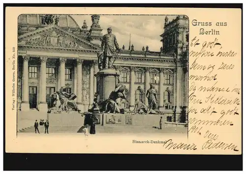AK Gruss aus Berlin: Bismarck-Denkmal, BERLIN 52a 17.12.1901 nach Norwegen