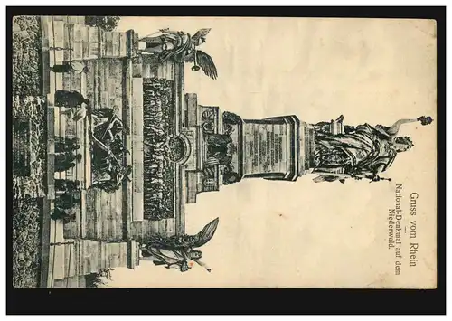 AK Gruss du Rhin: Monument national sur la Forêt-Niederwald, Bahnpost CÖLN-FRANKFURT